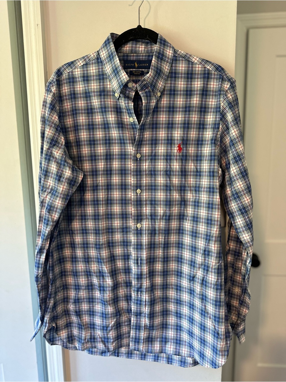 Ralph Lauren Blue and White Plaid Button-Down Shirt with Red Pony